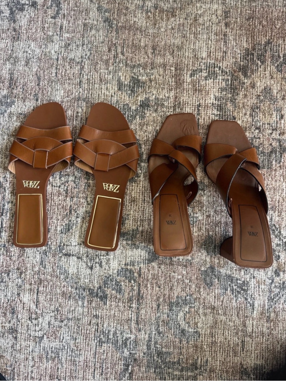 Two Zara Tan Brown Leather Slide Mules